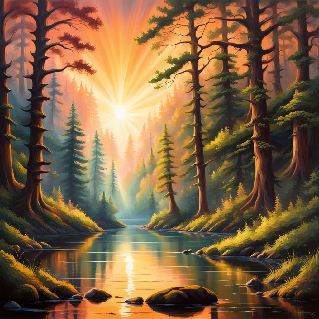 Ancient Forest Lake at Sunset