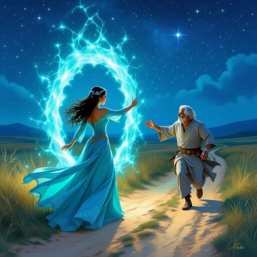 Latina Enchantress Opens Portal for Man Under Starry Sky