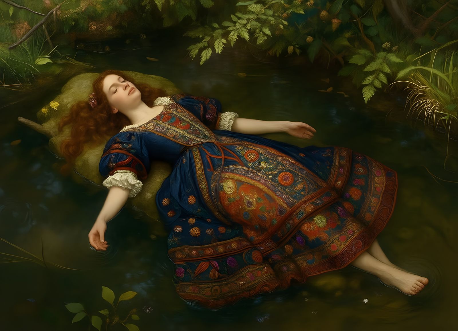 Ophelia Drowned in Wooded Glade, Pre-Raphaelite Style
