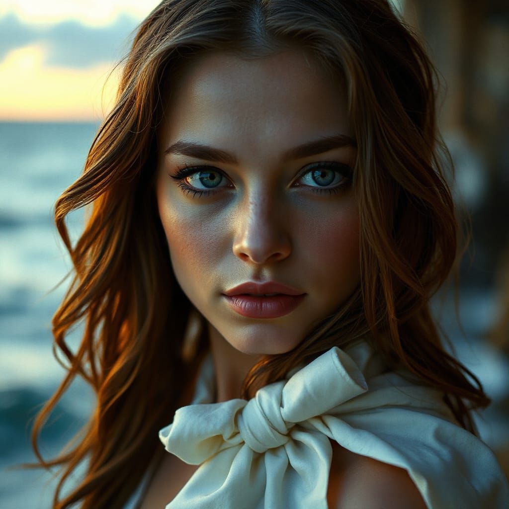 Siren's Gaze: Hyperrealistic Portrait in Golden Light