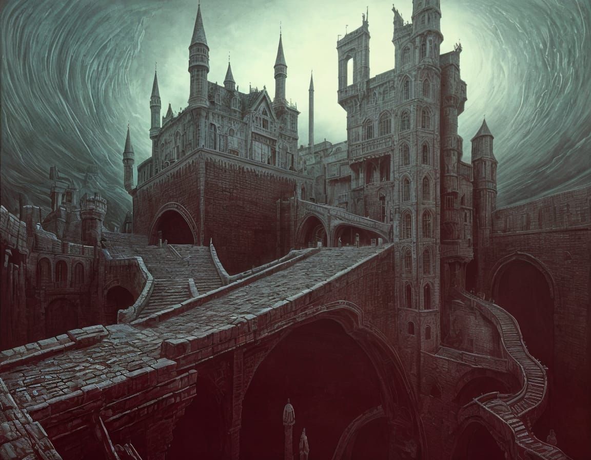 Surreal Castle with Twisted Forms and Moats