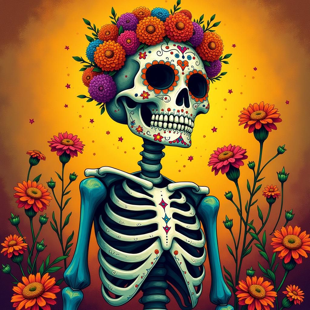 Festive Skeletal Figure in Mexican Folk Art Style