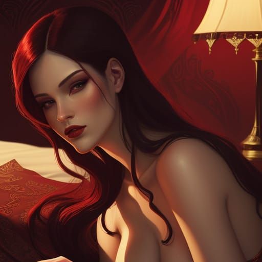 Seductive Woman in Opulent Bedroom, Art Nouveau Style