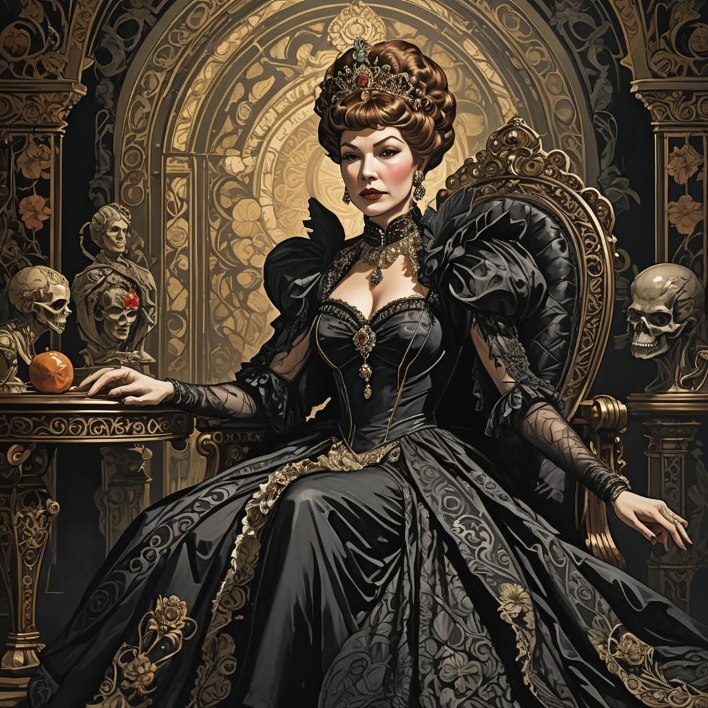 Regal Queen with Severed Head in Dark Fantasy Style