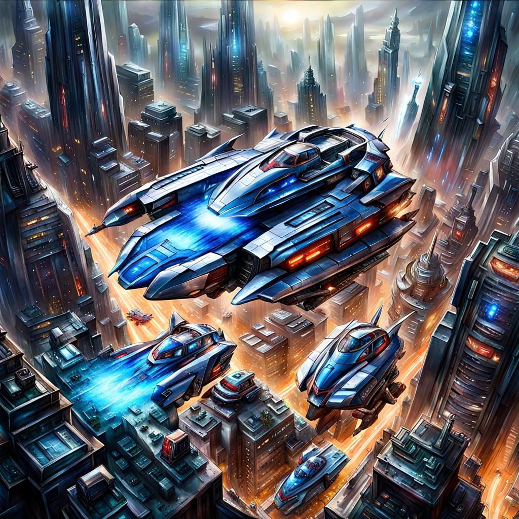 Cybertron Cityscape with Autobots and Hovercraft