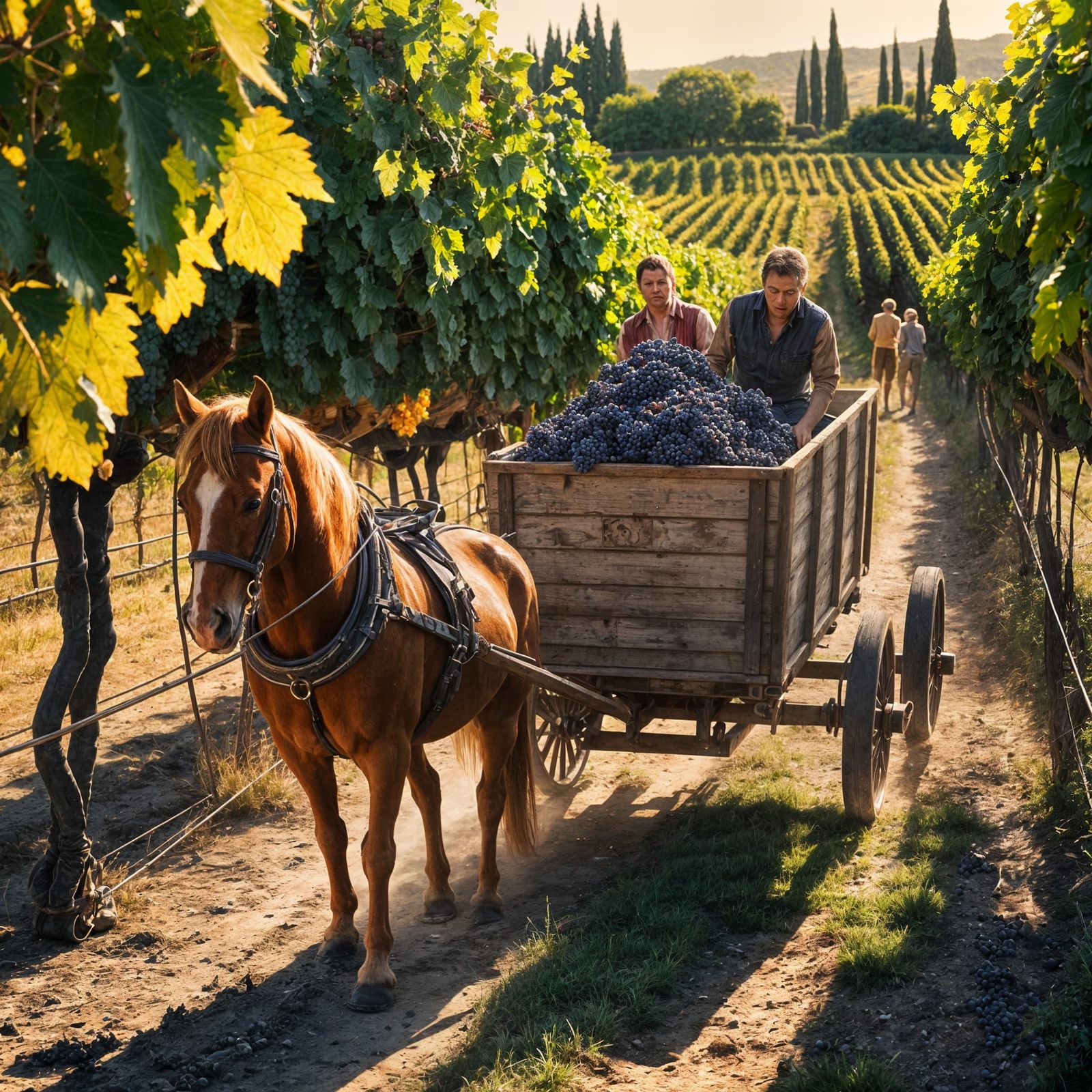 Grape Harvest Scene in Sun-Drenched Vineyard