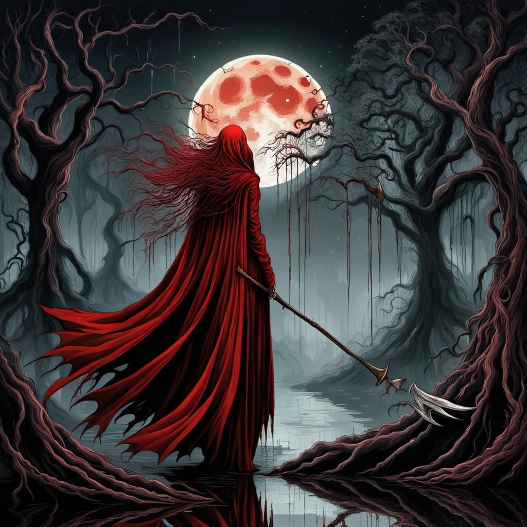 Reanimated Ragdoll Girl with Scythe in Dark Woods