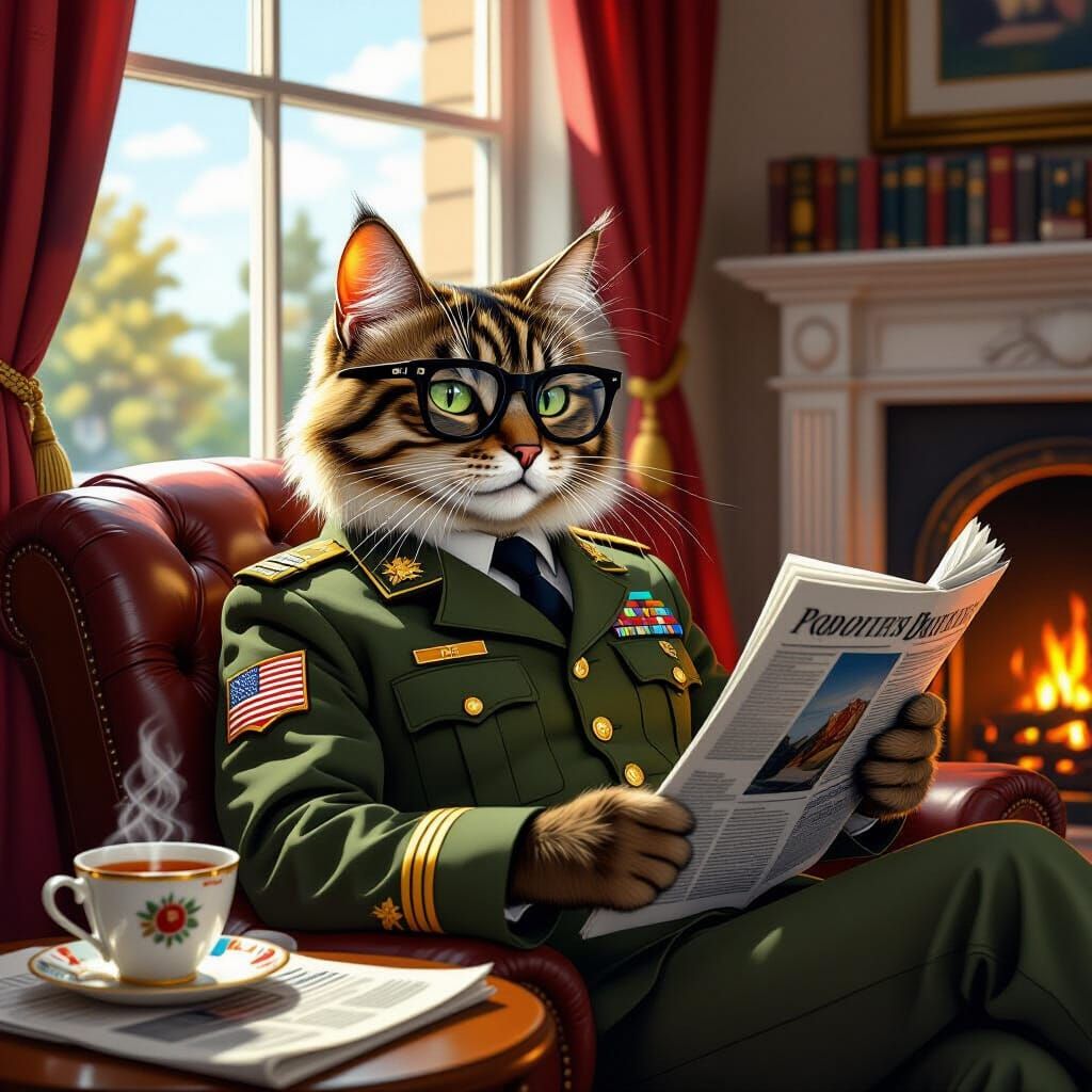 Boomer Cat Reading Newspaper in Neo-Impressionist Style