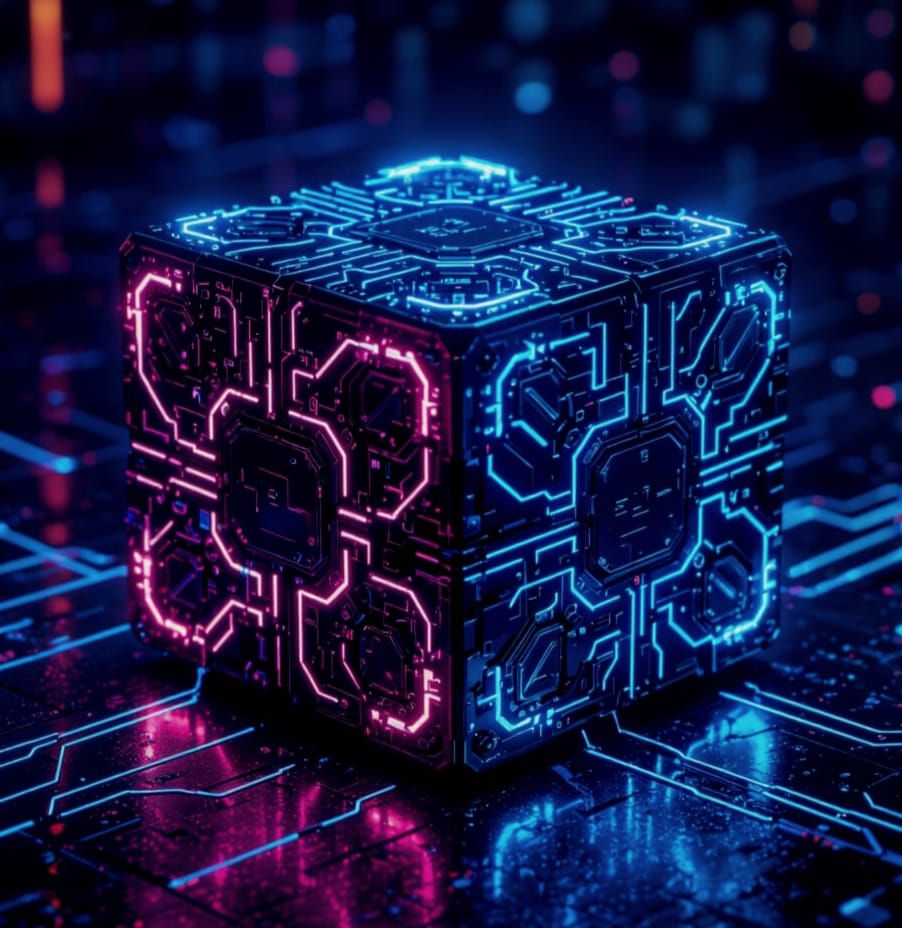 Cyberpunk Robotic Cube with Blue Neon Glow