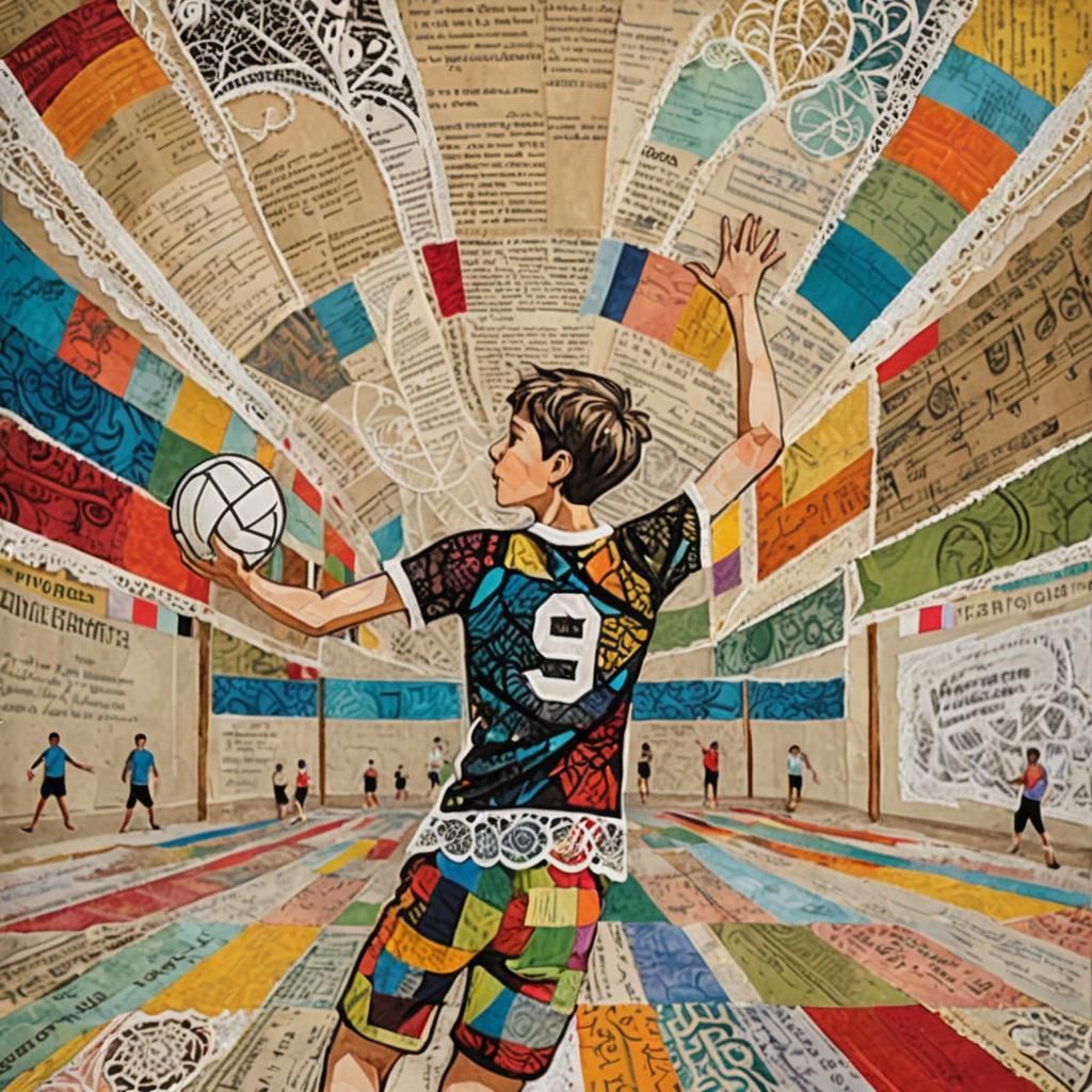 Boy Playing Volleyball as Paper Collage Painting