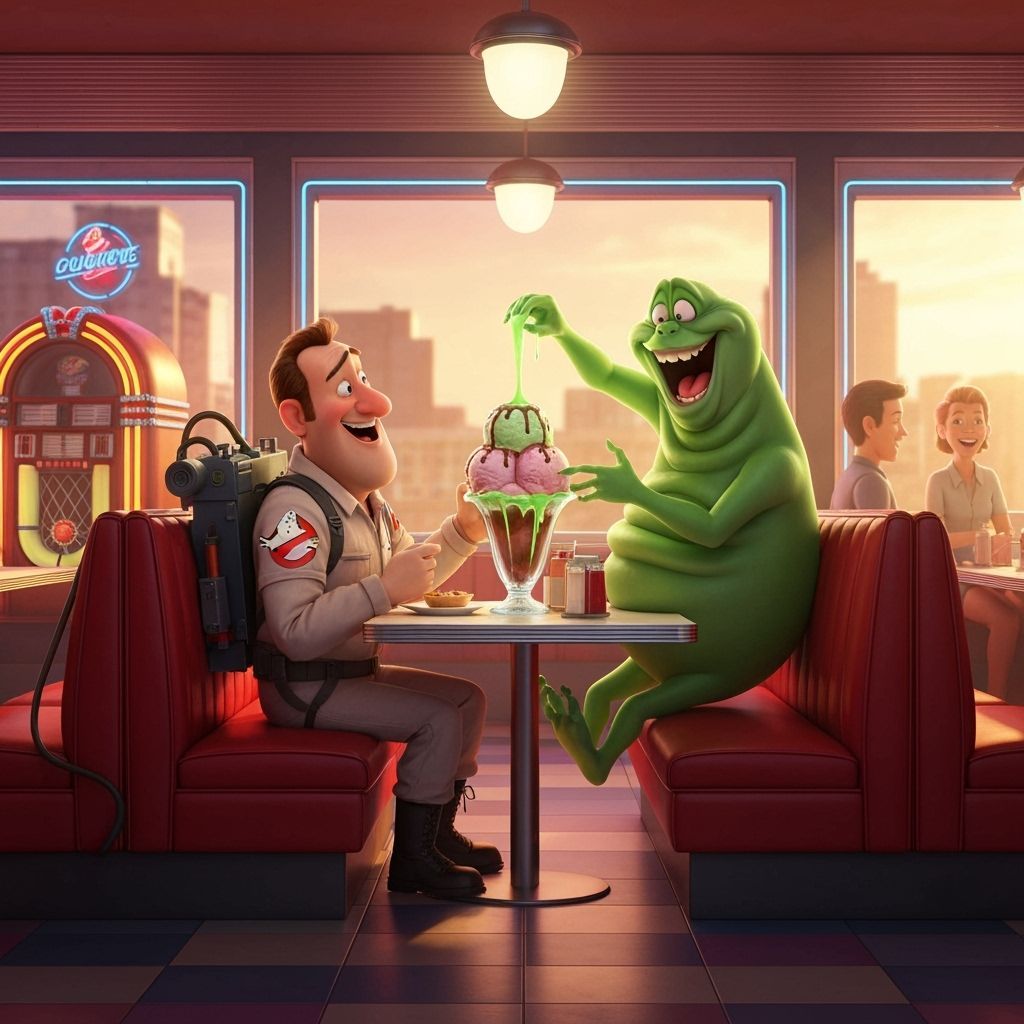 Ghostbusters Ray Stantz Shares Sundae with Slimer