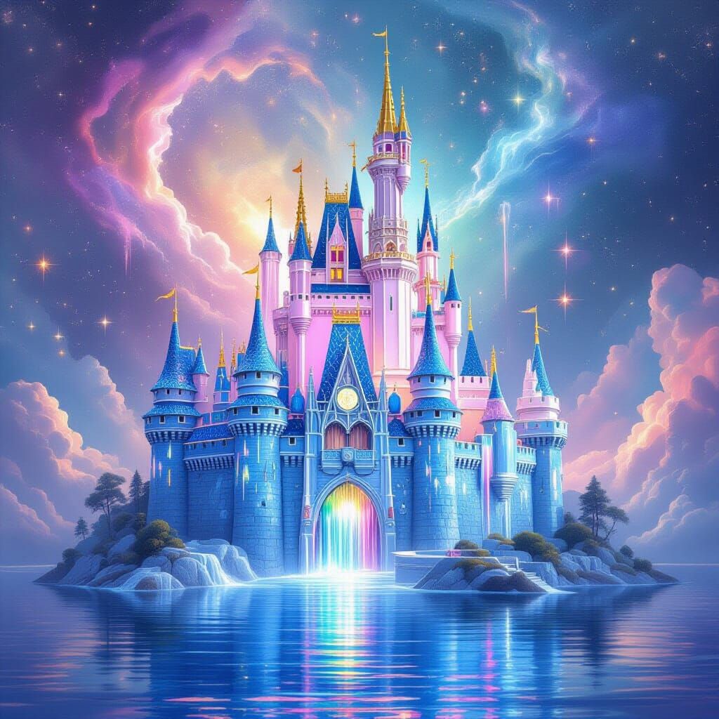 Majestic Water Castle Adorned with Rainbow Light