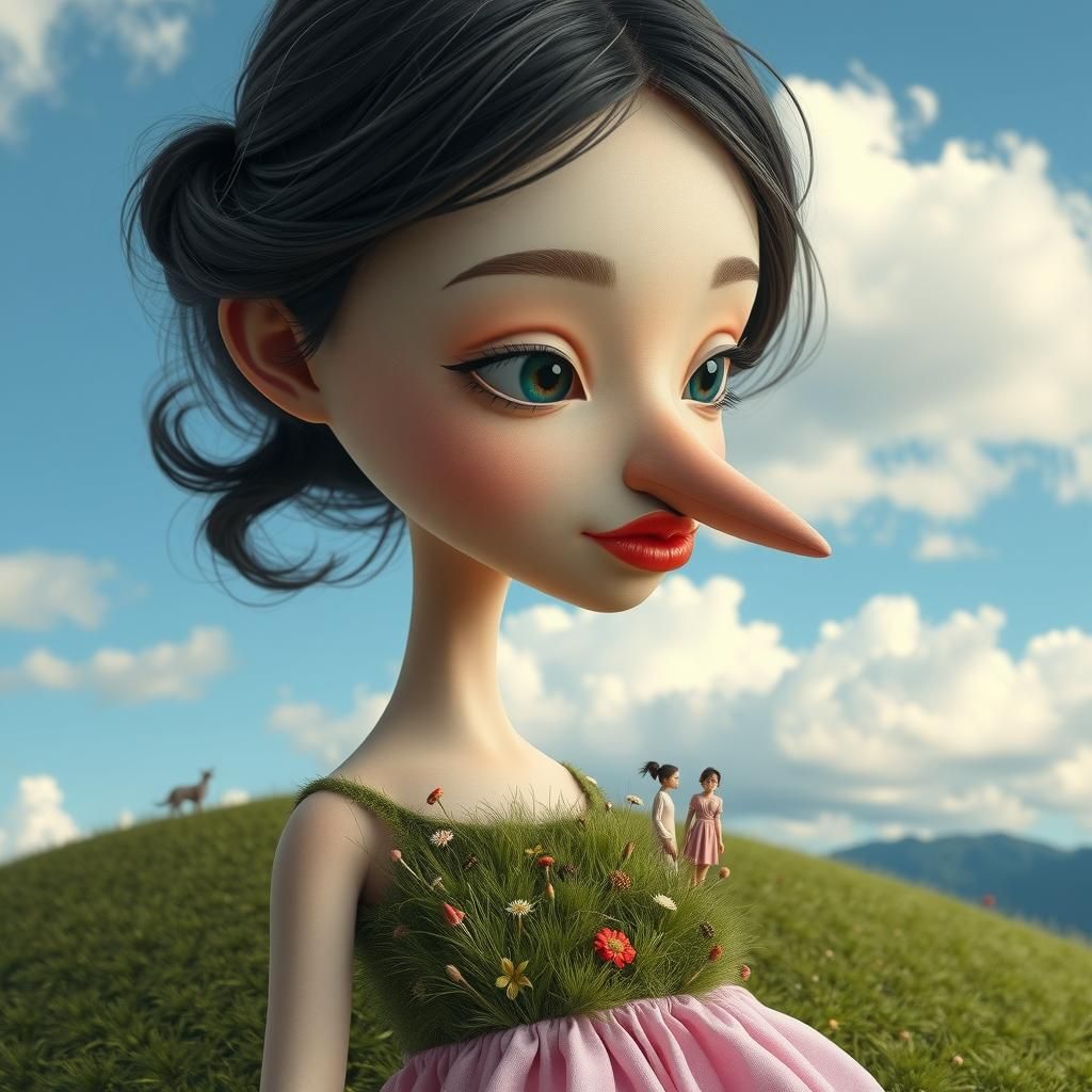 long nose, dark hair, soft grassy hill, nature dress, blue s...