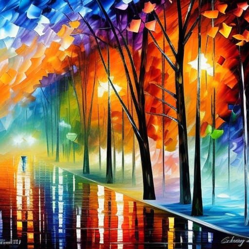 Colorful Cityscape with Rainbow Reflections as Impasto Paint...