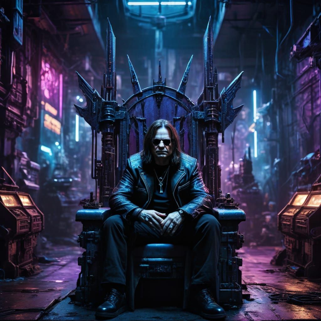 Ozzy Osbourne on Throne in Cyberpunk Style