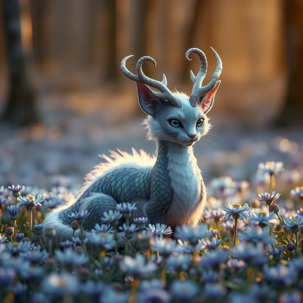 Serene Dragon-Cat in Winter Forest, Golden Light