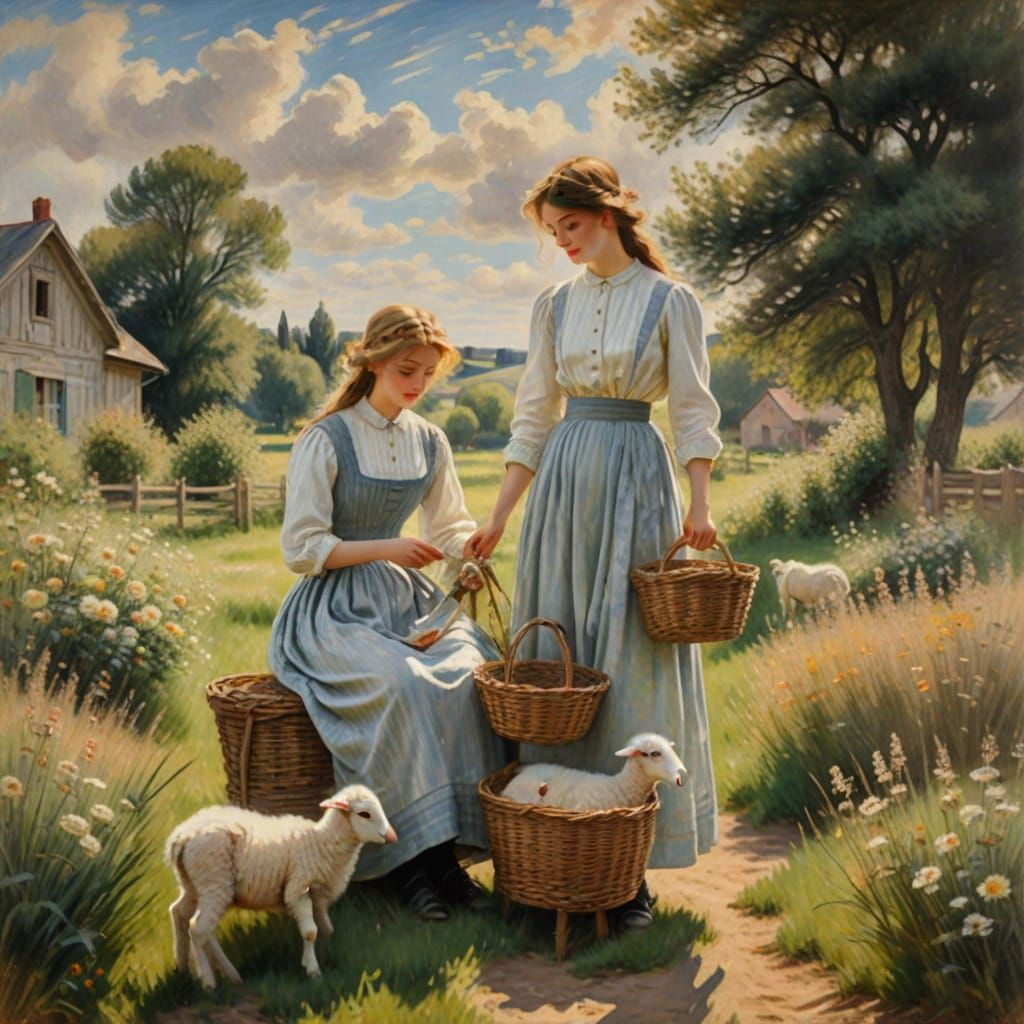 Two Women in Vintage Dresses Feed a Lamb on a Rustic Farm Fl...