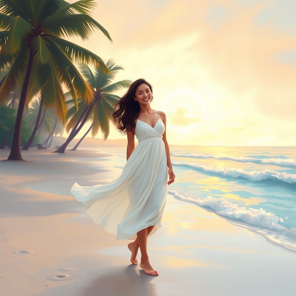 Barefoot Woman in a Romantic Sunset Beach Scene