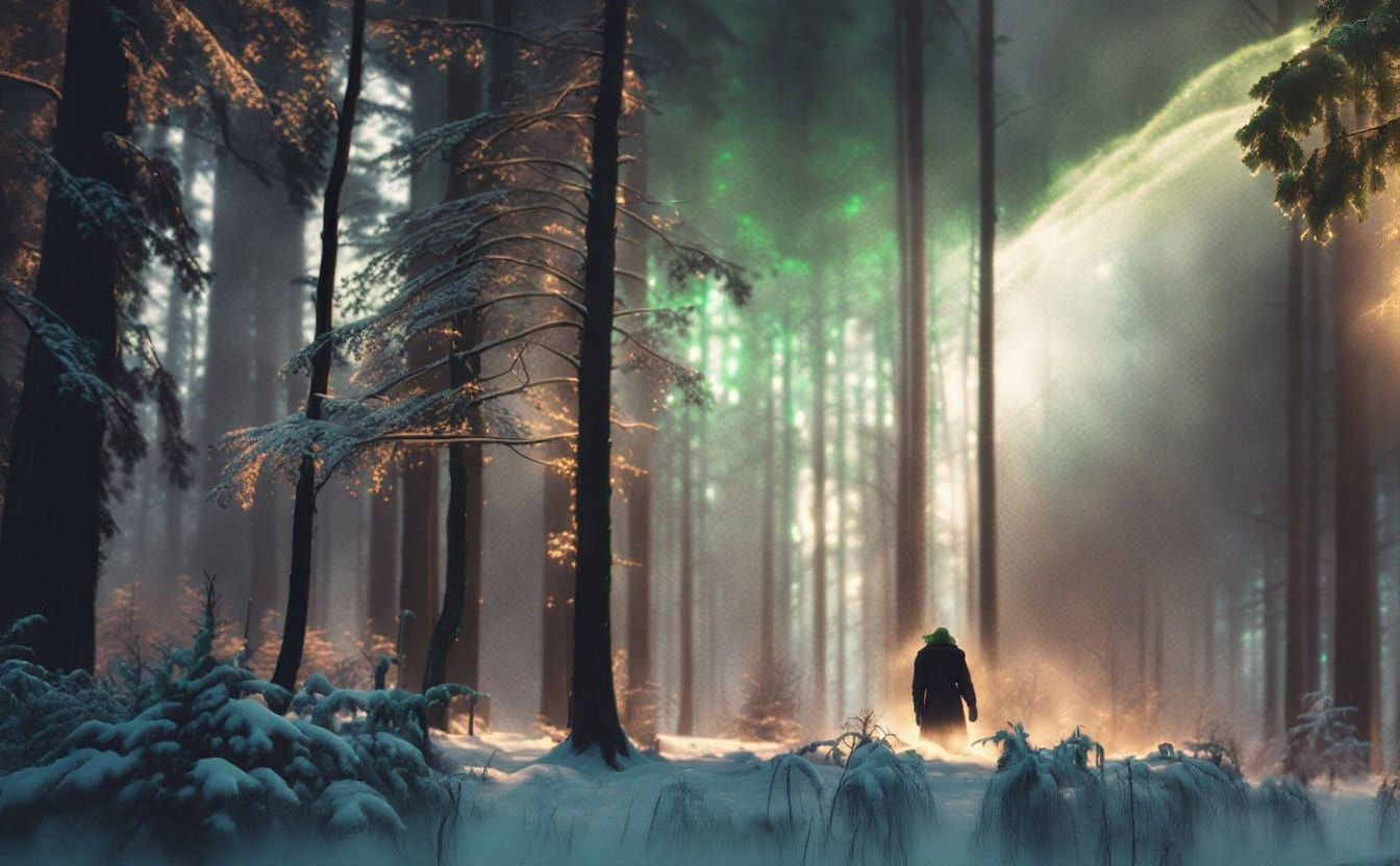 Sinister Green Lights Over a Snowy Forest