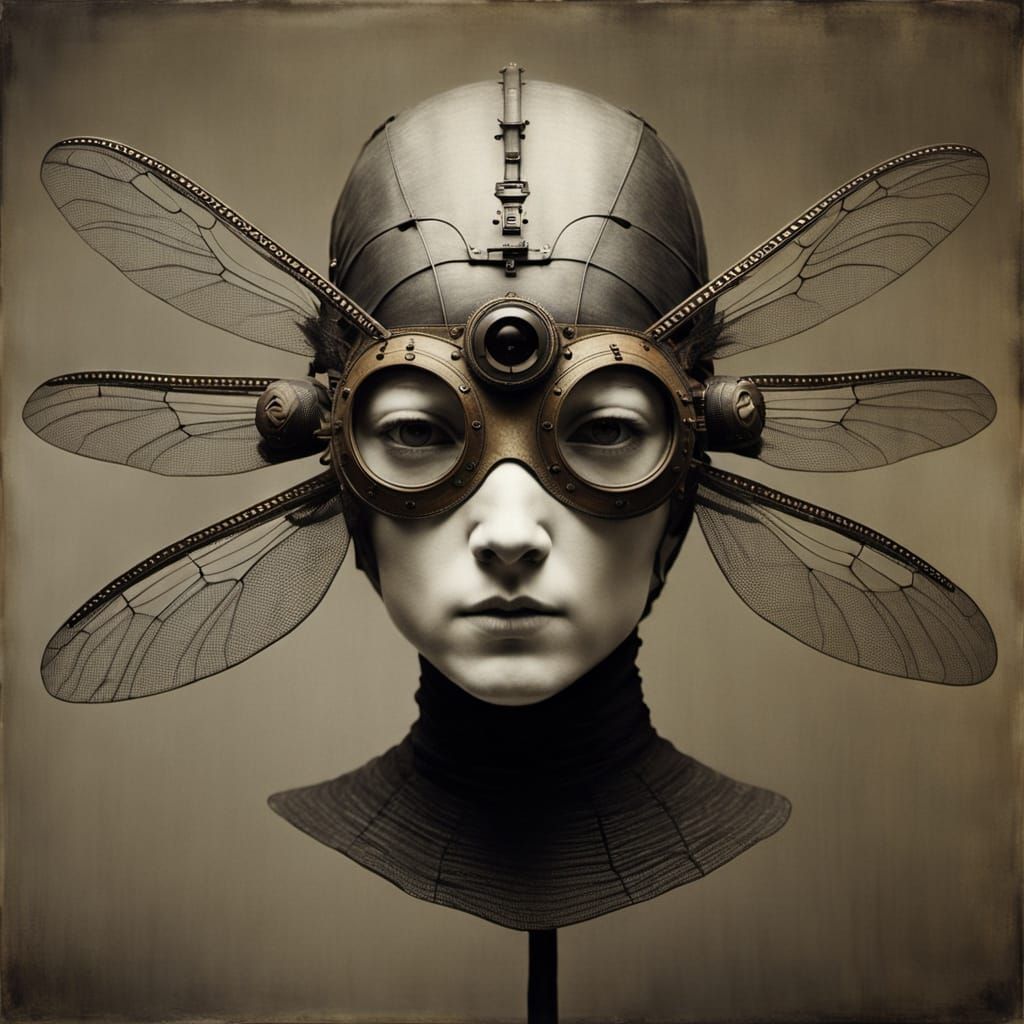 Surreal Dragonfly Mask Sculpture in Charcoal Style