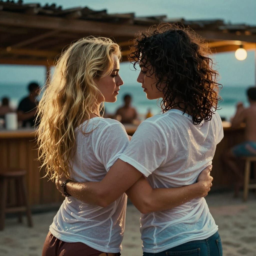 Two Women Dancing Bachata at Beach Bar Cinematic Film Still