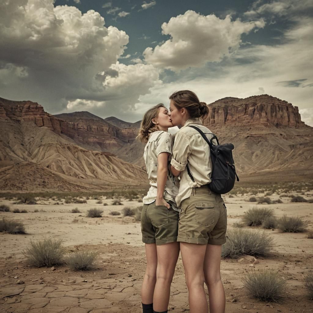 Women Kissing in Desert Landscape, Sinister Style