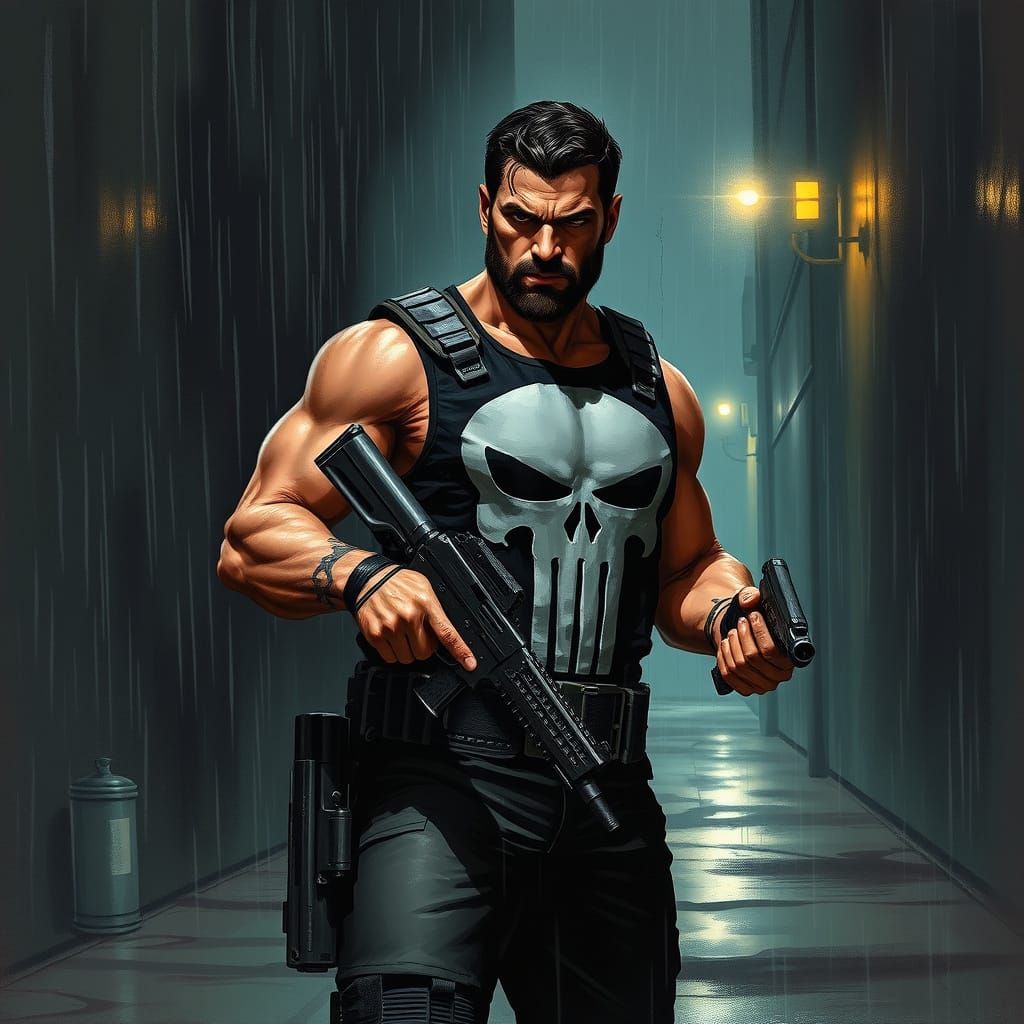 Punisher Defiant in Rainy Alley, Inspired by Greg Rutkowski'...