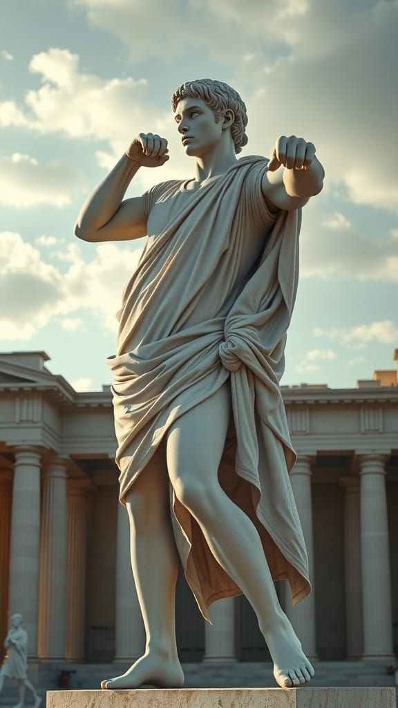Classical Roman Statue in Marmol with Temple Background