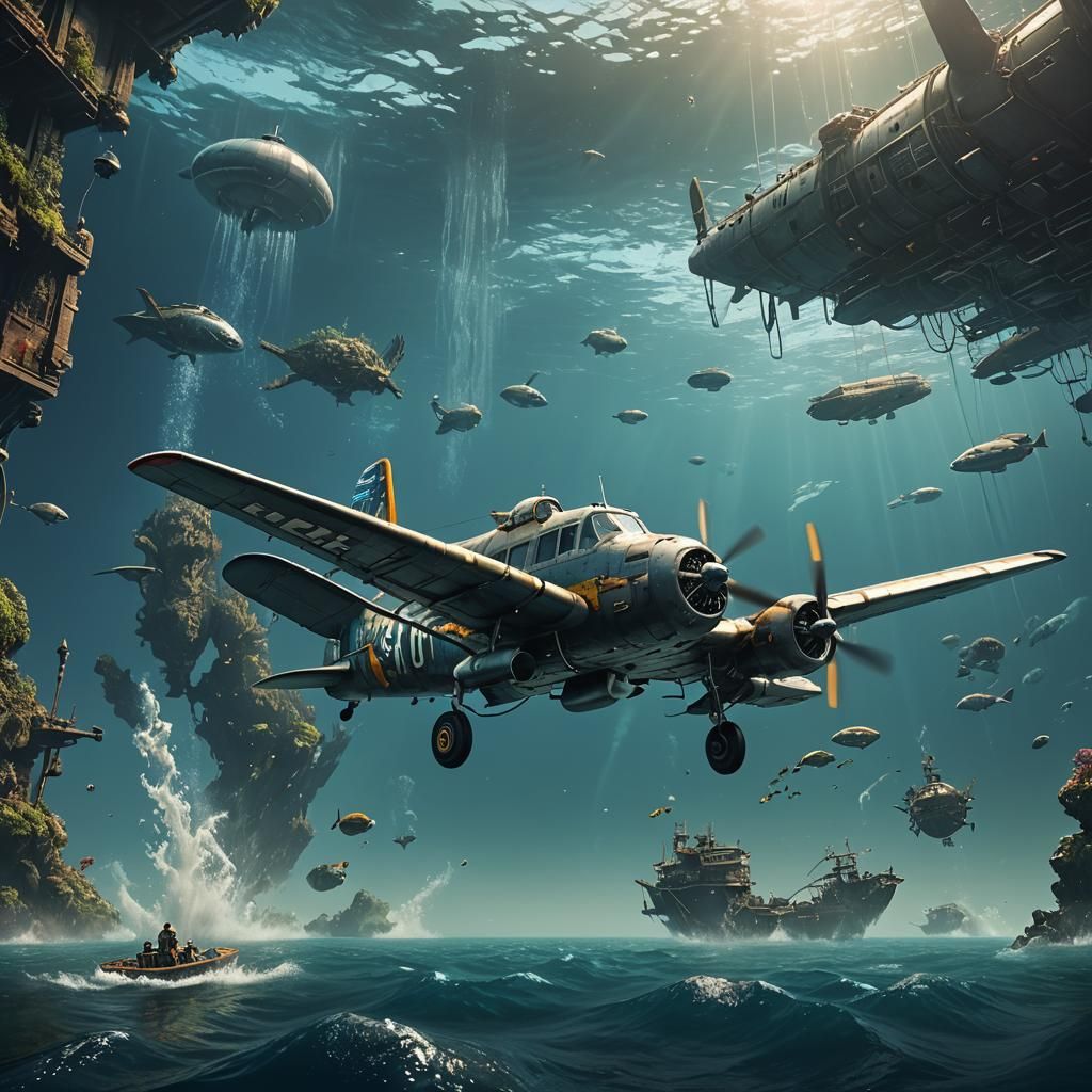 Underwater Airplane in Deep Sea: Fantasy Concept Art