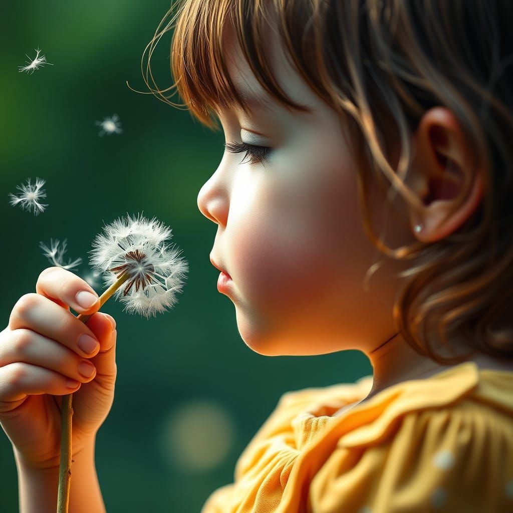 Little Girl Blows Dandelion Seeds in Hyperrealistic Detail