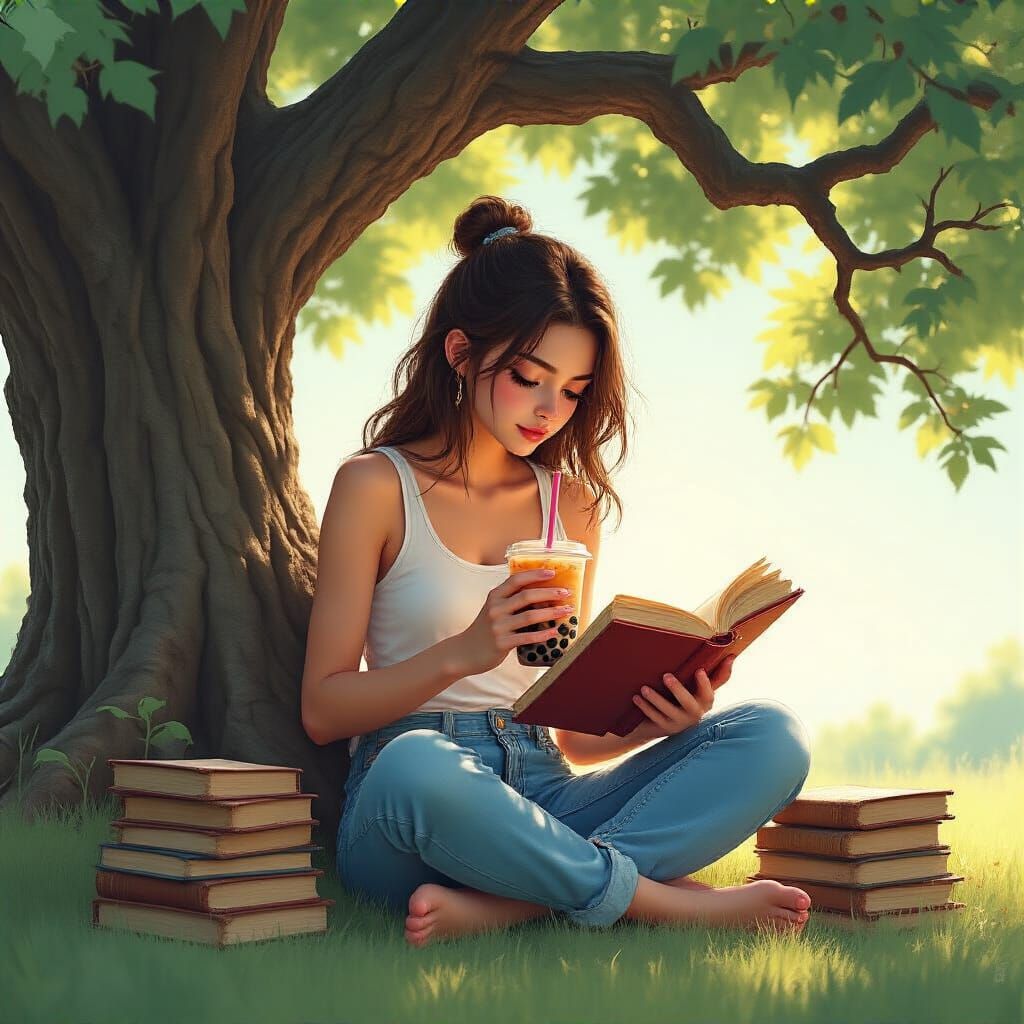 Woman Reading Under Tree with Boba Tea