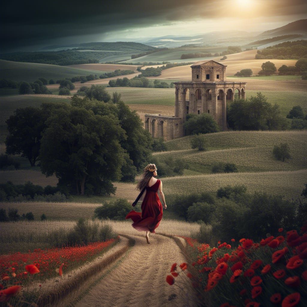 Princess Running Through Field of Wheat