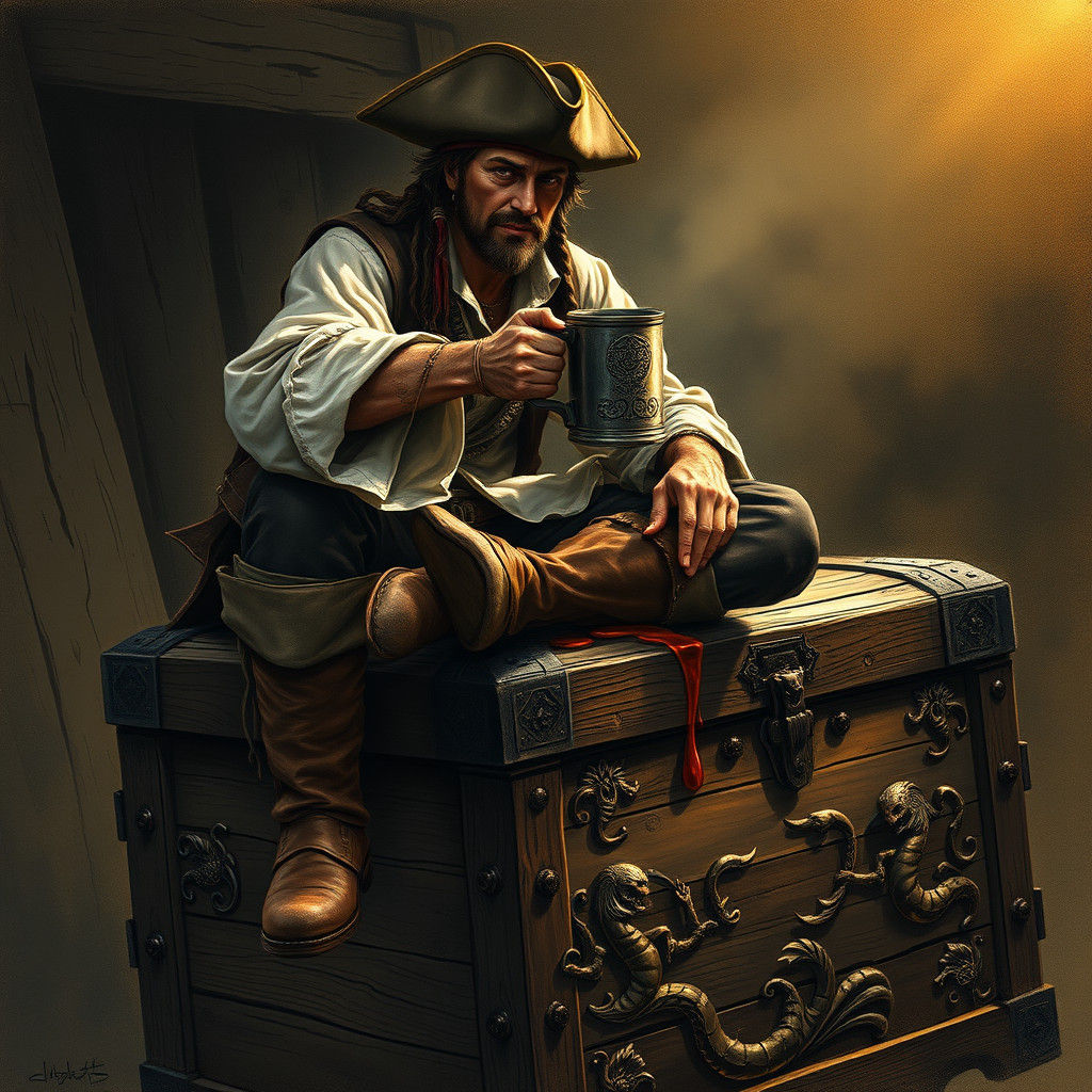 Pirate with Rum on Treasure Chest