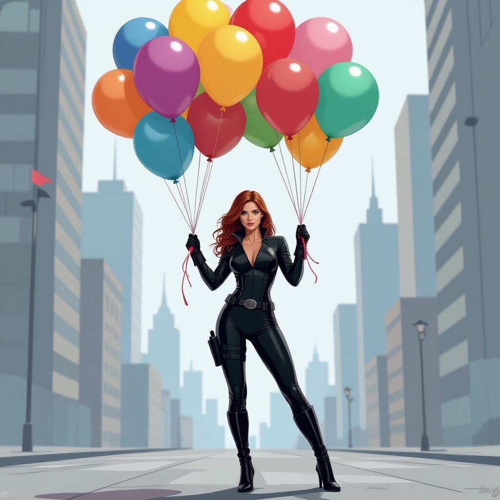 Natasha Romanoff with Balloons in Comic Book Style