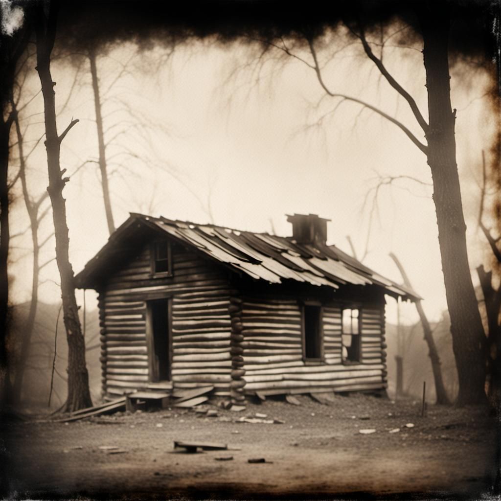 Vintage Photograph of Old Cabin in Landscape