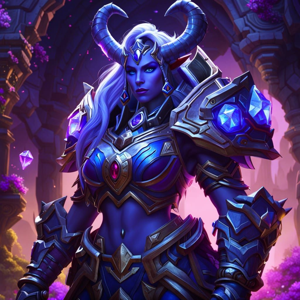 Majestic Armored Draenei Warrior in Fantasy Landscape
