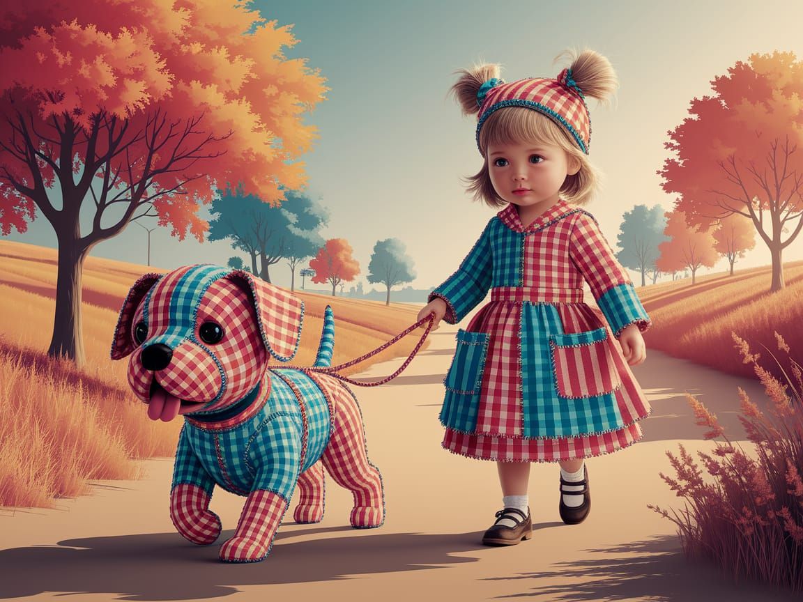 Charming Patchwork Girl Walks Her Whimsical Dog in a Dreamli...
