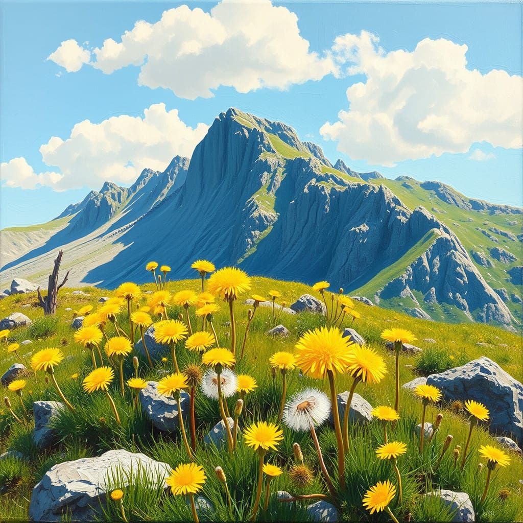 Vibrant Dandelions in Mountain Landscape