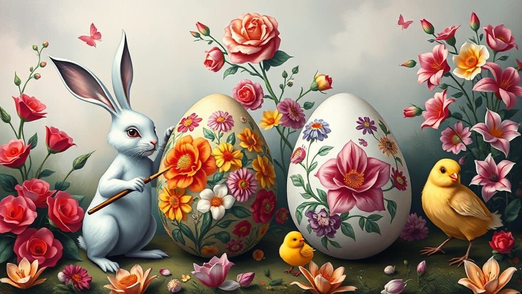Rabbits and Chicks Painting Easter Eggs in Cubist Style