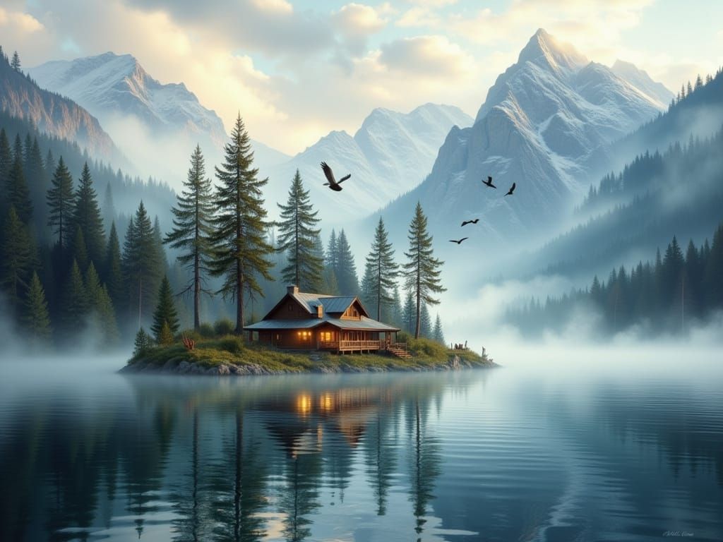 Rustic Cabin on Mountain Lake with Pacific Northwest Wildlif...