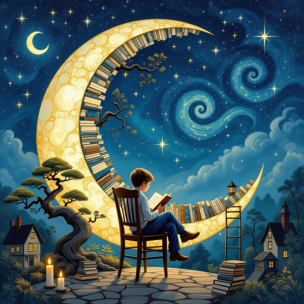 Enchanted Moon Library with Boy Reading