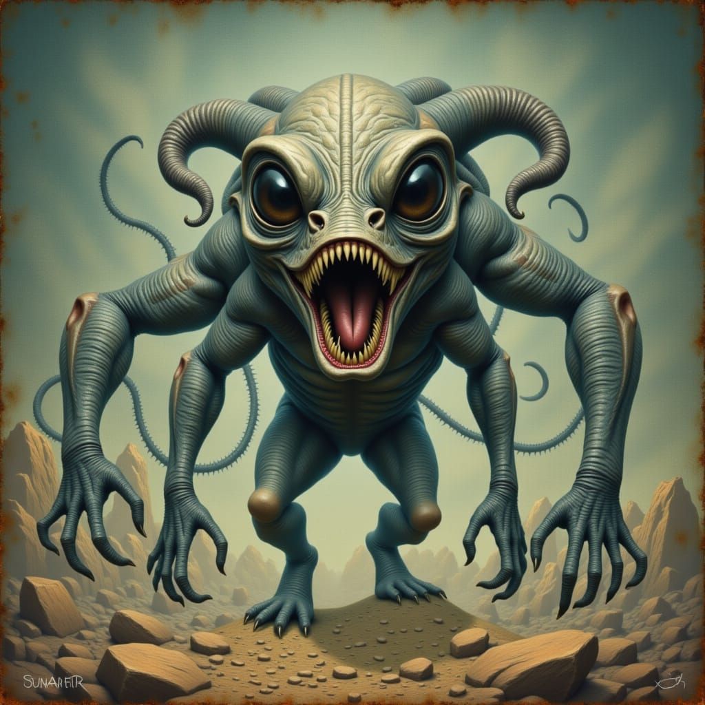 Alien Predator in Vintage Dark Fantasy Landscape