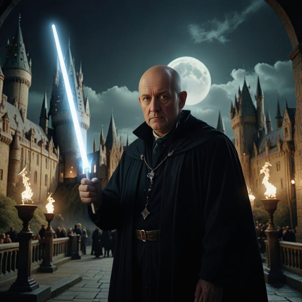 Bald Wizard at Hogwarts in Cinematic Style