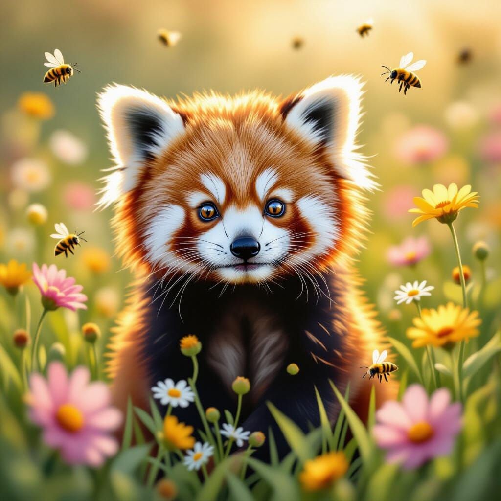 Red Panda Cub in Wildflowers, Painterly Style