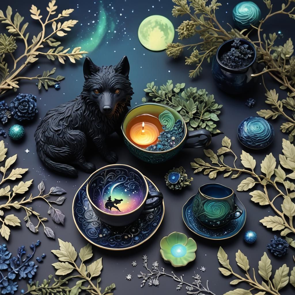 Black Wolf's Celestial Tea Party: Polymer Clay Sculpture