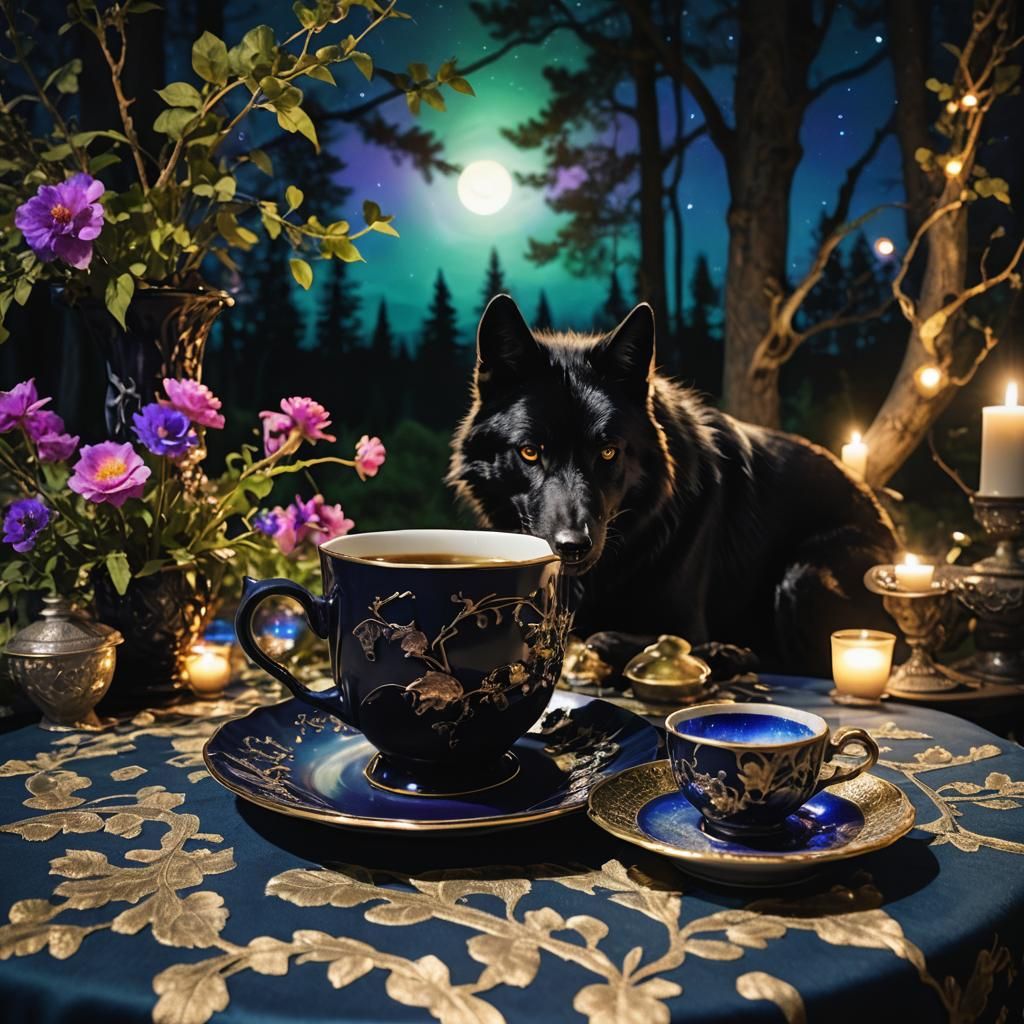 Macro Wolf with Aurora Teacup in Fairytale Setting