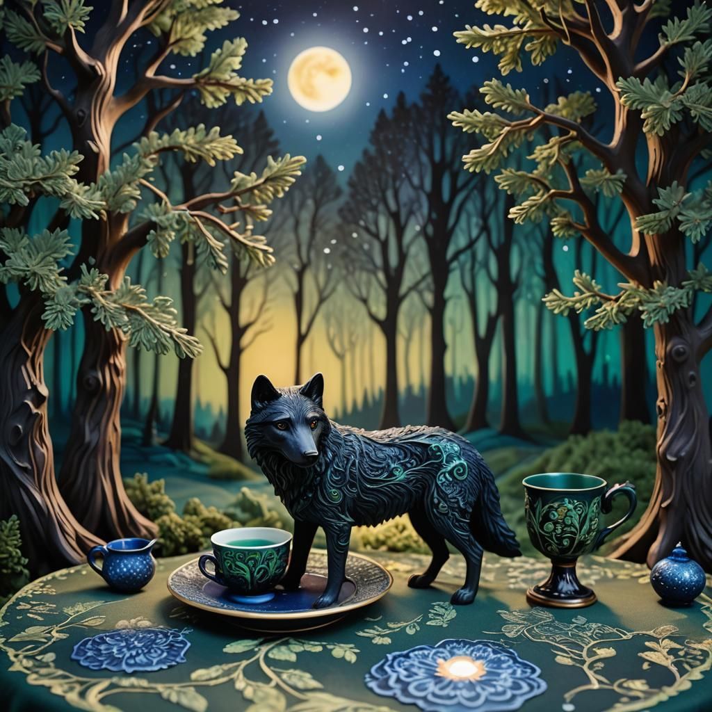Wolf and Teacup in Mystical Forest Scene