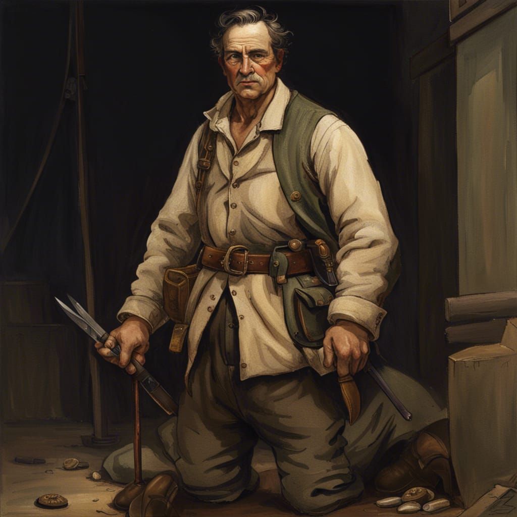 Stooped Man with Mended Clothing and Worn Boots