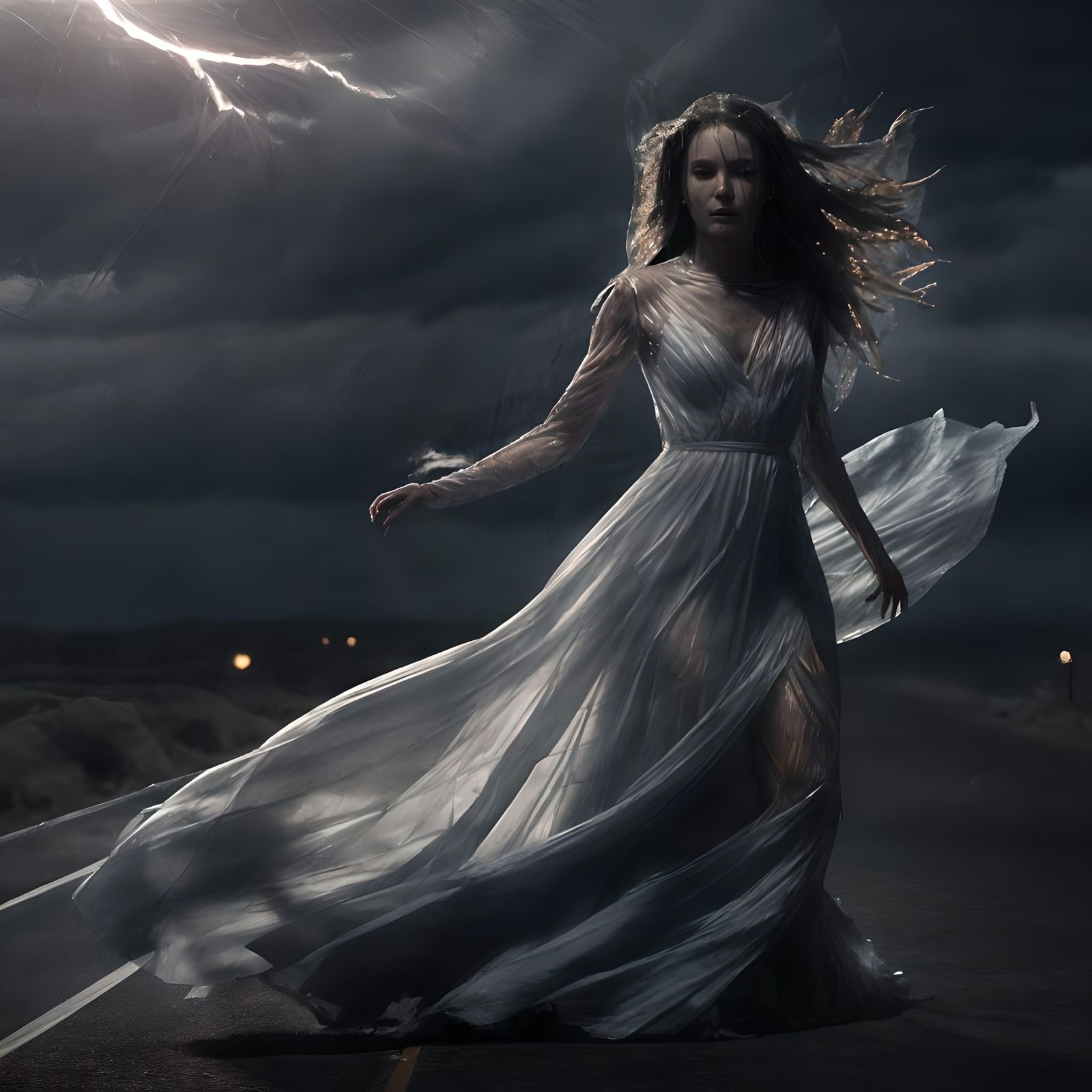 Ethereal Lady in White Gown at Night