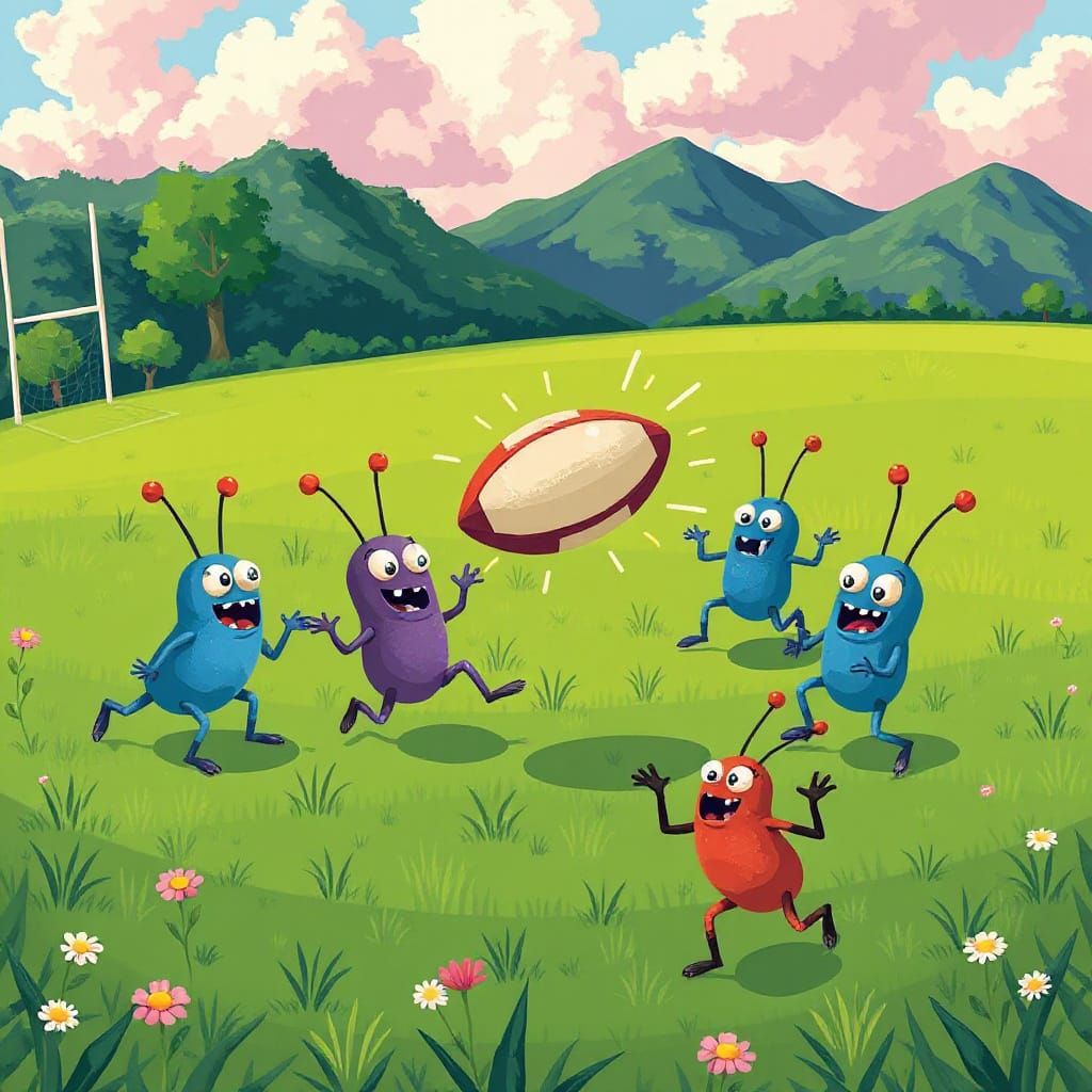 Whimsical Microbes Play Rugby in Bold, Flat Style